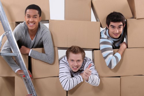 Packed boxes and furniture ready for removals in a West Hampstead flat