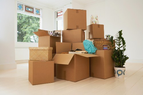 Packed office furniture and equipment ready for transport